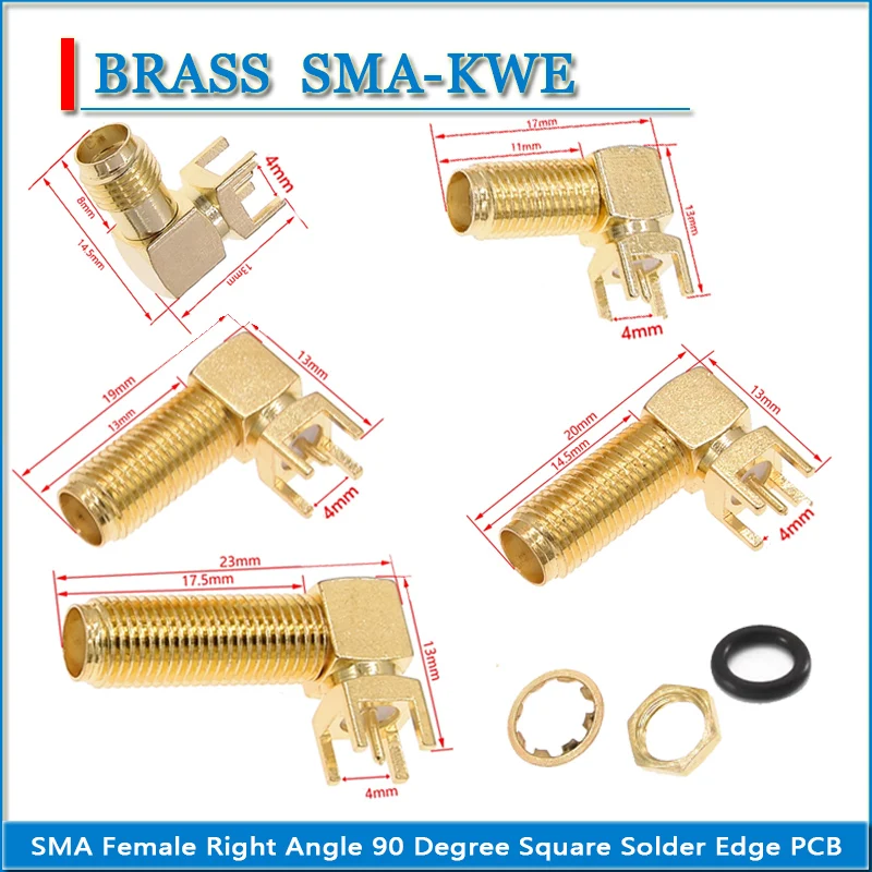 SMA Female Washer Nut Waterproof Right Angle 90 Degree Solder Square edge PCB mount Copper 17.5 20 23 28mm RF Connector Adapters