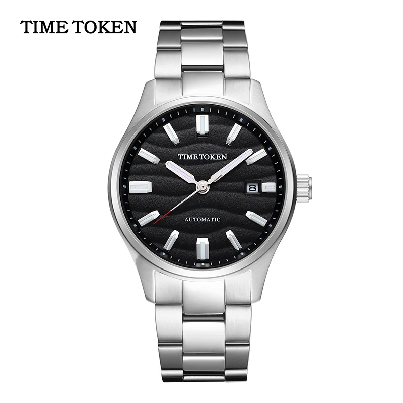 TIME TOKEN Jam Tangan Pria Baja Tahan Karat Bertekstur Gurun 40Mm Jam Tangan Pergerakan Dial Pasir 3D Tahan Air 50M