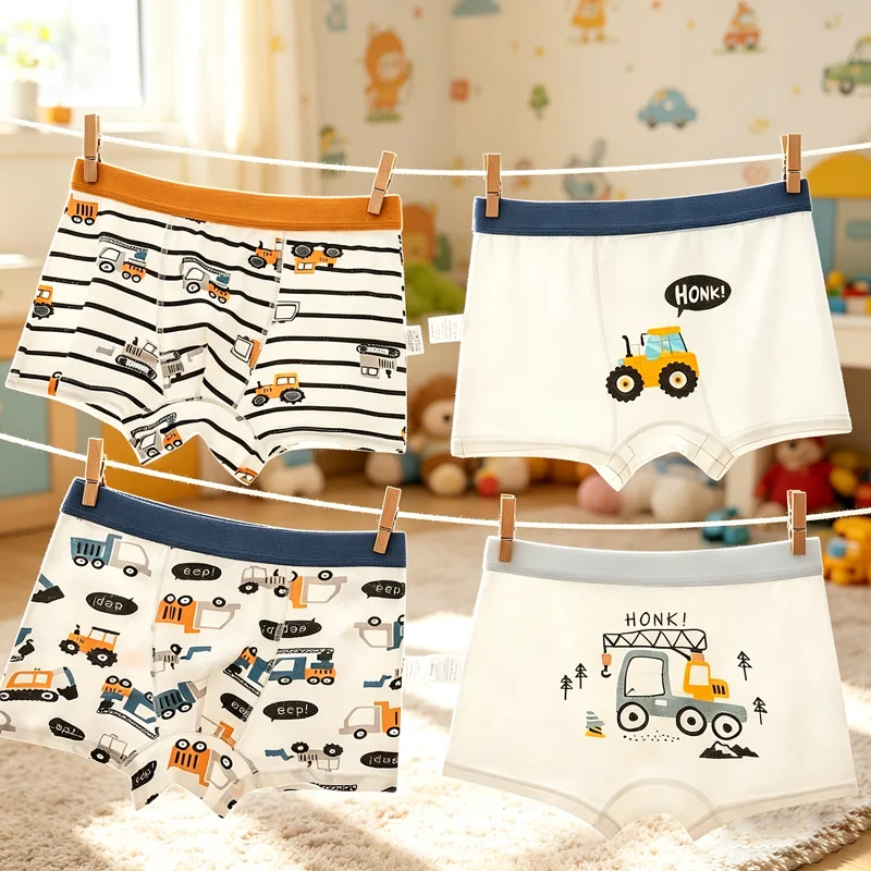 Kids Boxer Briefs Soft Cotton Little Boys Stretchy Breathable Underwear Panties Engineering Truck Prints Toddler Boy Underpants