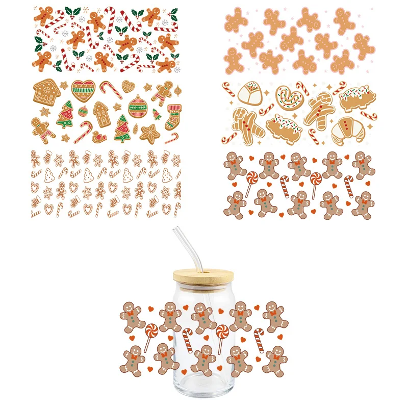 Christmas Gingerbread Man UV DTF Wrap Transfer Stickers Cartoon Cute Design Waterproof Wrap For 16oz Glasses Cups Mugs Decal