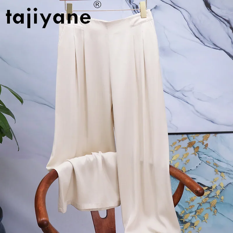

Tajiyane Wide-leg Pants Women's Heavyweight Double Joe Stretch Silk Pants Elastic Waist Loose White Pants Women Trousers FCY124