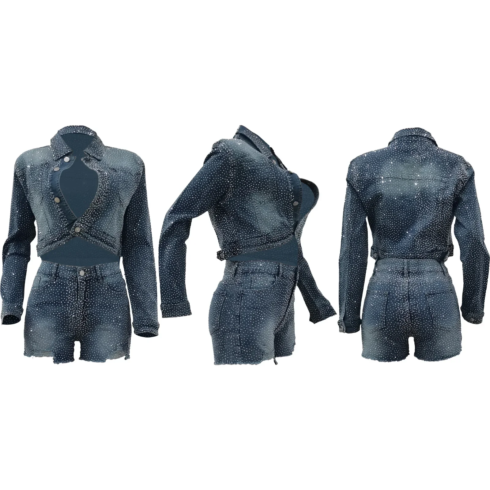 Autumn Outfits for Women 2024 Denim Jacket Shorts Two Piece Sets Streetwear Diamonds Distressed Short Pants Buttons Coat Suit