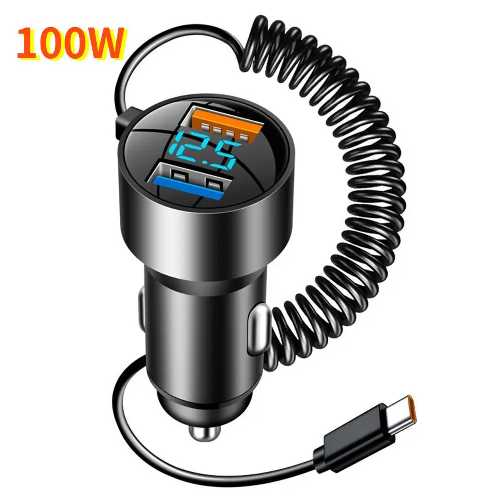 100W Car Charger With Type C Cable USB 12V Super Fast Charging Vehicle Adapter 2 In 1 For IPhone VIVO OPPO