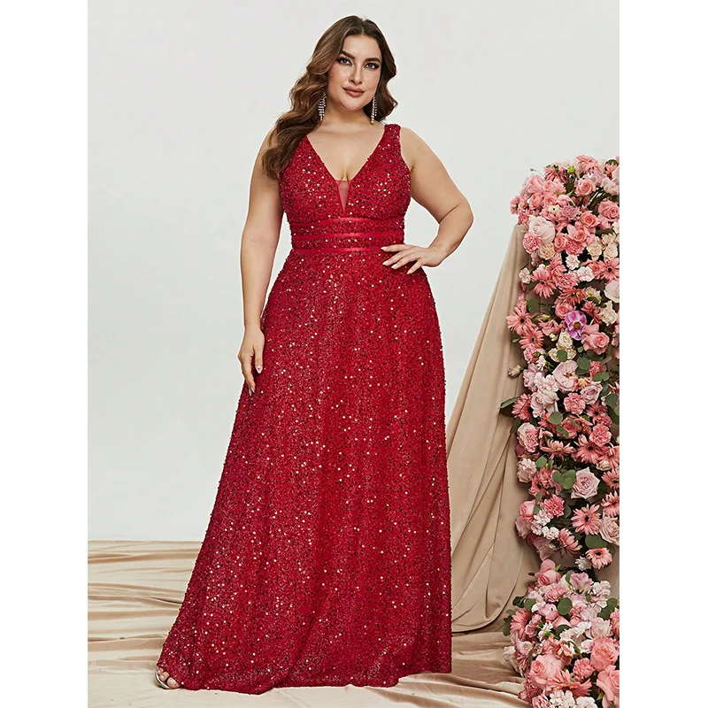 

Plus Size V Neck Sleeveless Luxury Sequin Floor Evening Gown Big Size Black Sexy Banquet Prom Evening Dress for Women 2023