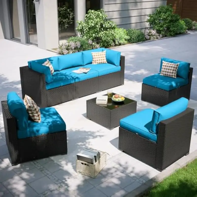 7-Piece All-Weather Outdoor Sectional Set in Peacock Blue Featuring Modular L-Shaped or U-Shaped Layout Rust-Resistant Steel Fra