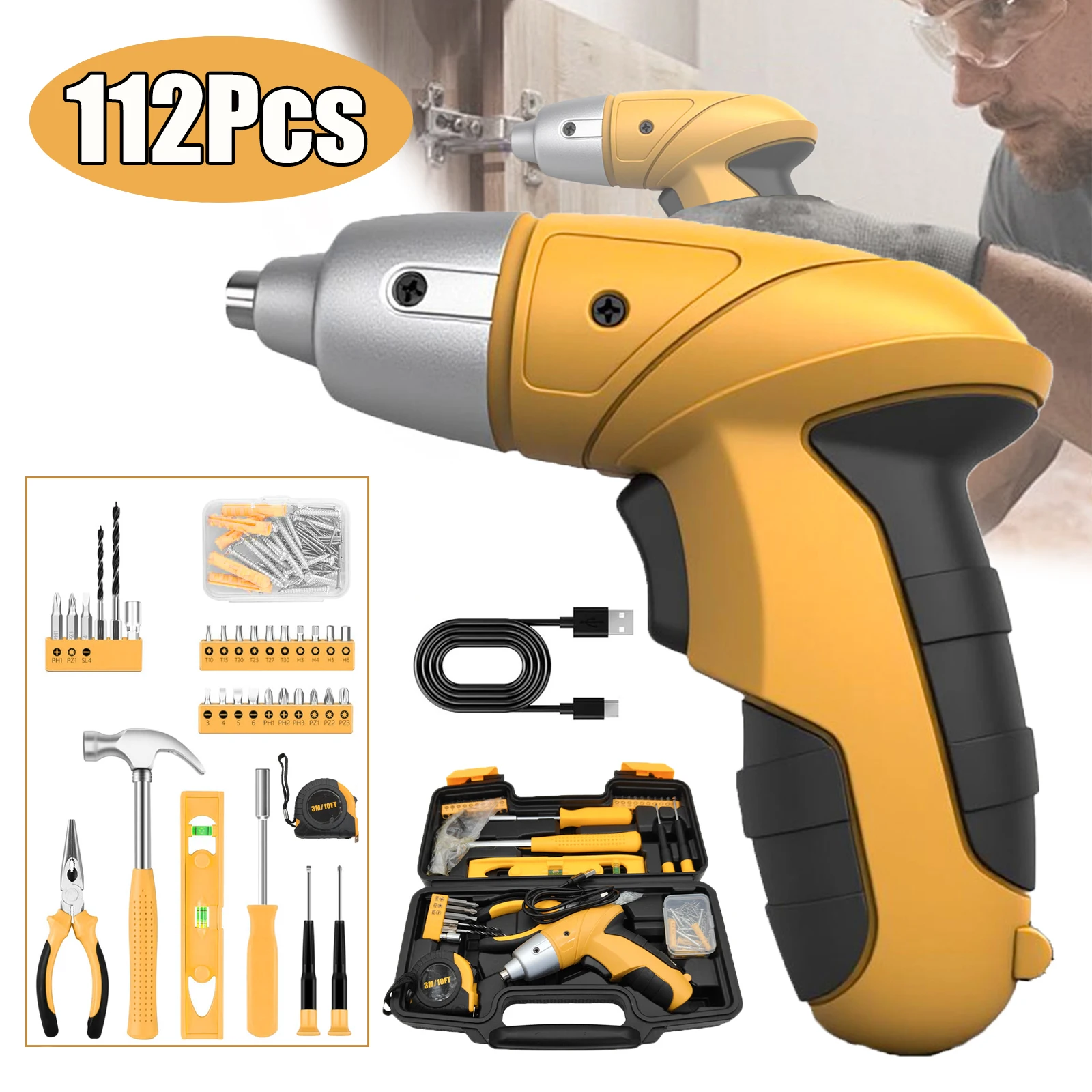 Set di Cacciaviti Elettrici Senza Fili 3.6V 112 Pezzi, Kit di Strumenti per Riparazioni Domestiche, Trapano Ricaricabile USB con Punte, Martello, Pinze, Utensili e Valigetta per la Conservazione