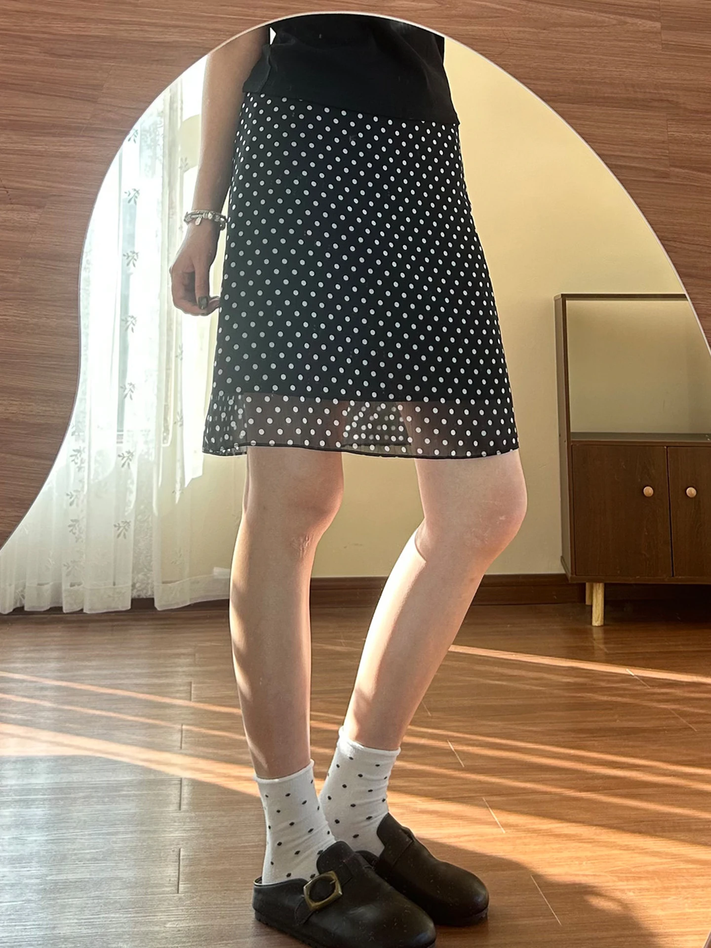 High Waist Polka Dot A-Line  Skirt Women's Summer Slimming Skirt Full Coverage Urban Commute Korean Style Half-length Skirt