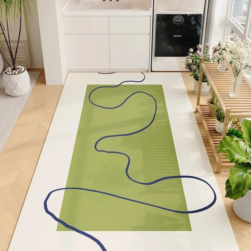 Green Ins Style Art Abstract PVC Leather Rug Waterproof Oil-proof Stain-resistant Kitchen Carpet Large Area Non-slip Floor Mats