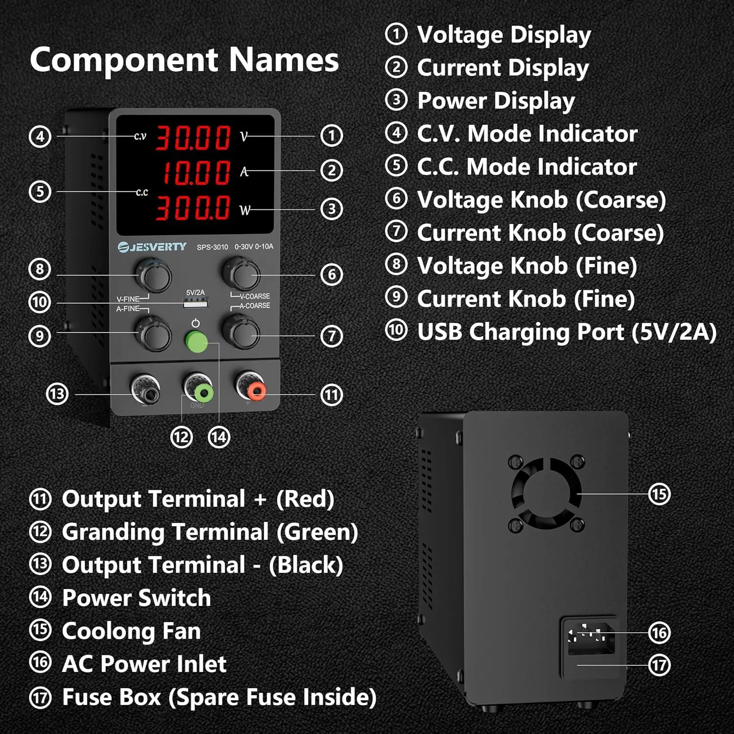 DC Power Supply 0-30V 0-10A Adjustable with 4-Digit LED, USB 5V/2A, Coarse/Fine Control SPS-3010