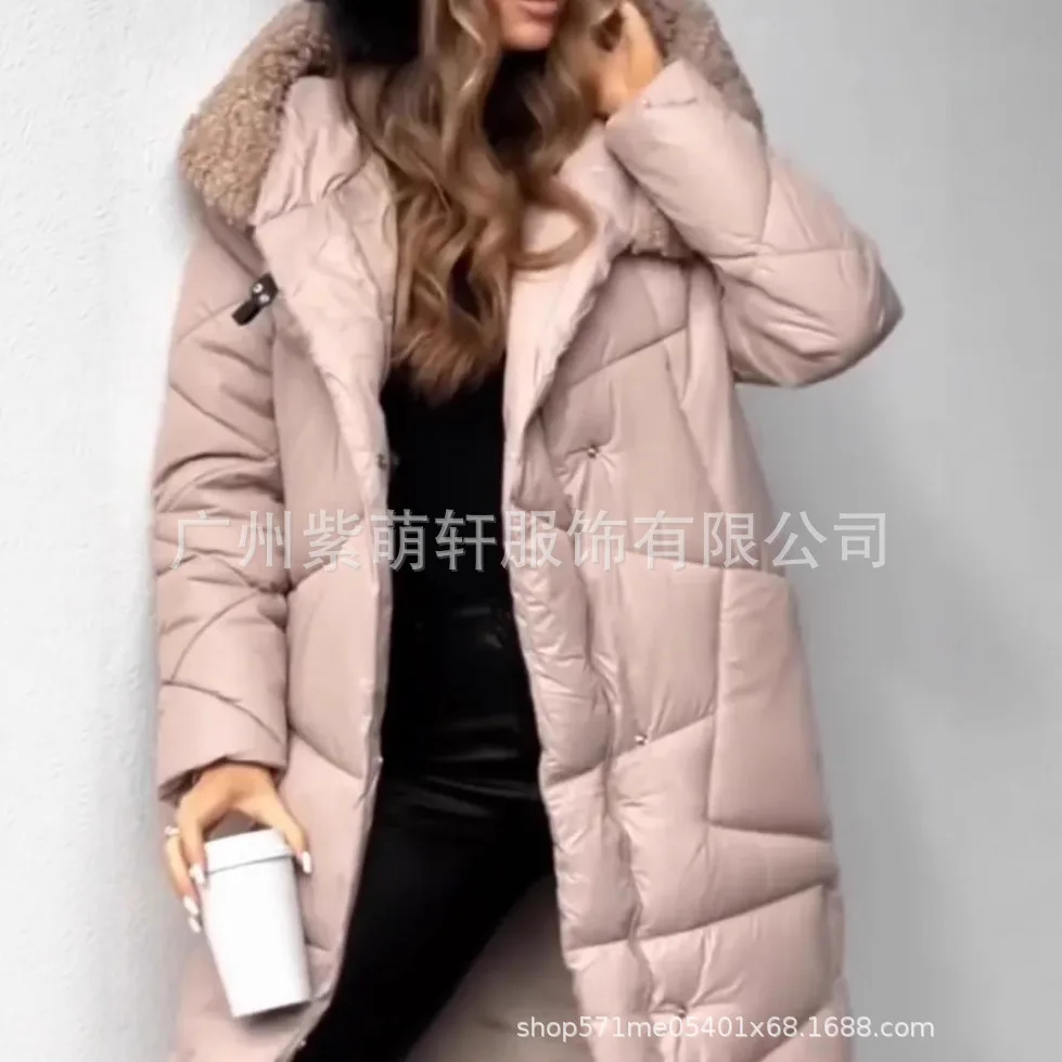 Lady Cloth Winter New Women's Coat, Mid-length, Lightweight Silky Cotton, Large Fur Necklace Long Cotton Coat, Cold-proof Clot