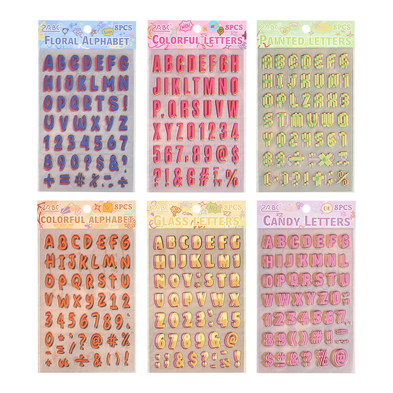 8pcs/set Colorful English Letter Waterproof PET Cut Film Stickers Creative Handbook Diary Art Supplies