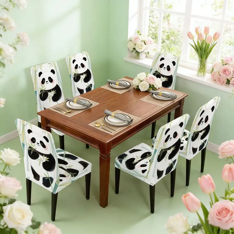 Flat print elastic dining chair cover set cartoon style, cute panda holding bamboo stem pattern in bamboo forest,