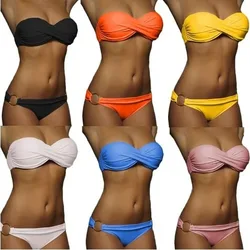 2Pcs Sexy Bikinis Set Women High Waist Strapless Push Up Bra Solid Color Knot Padded Bras Briefs Bikini Set Swimwear Swimsuit·