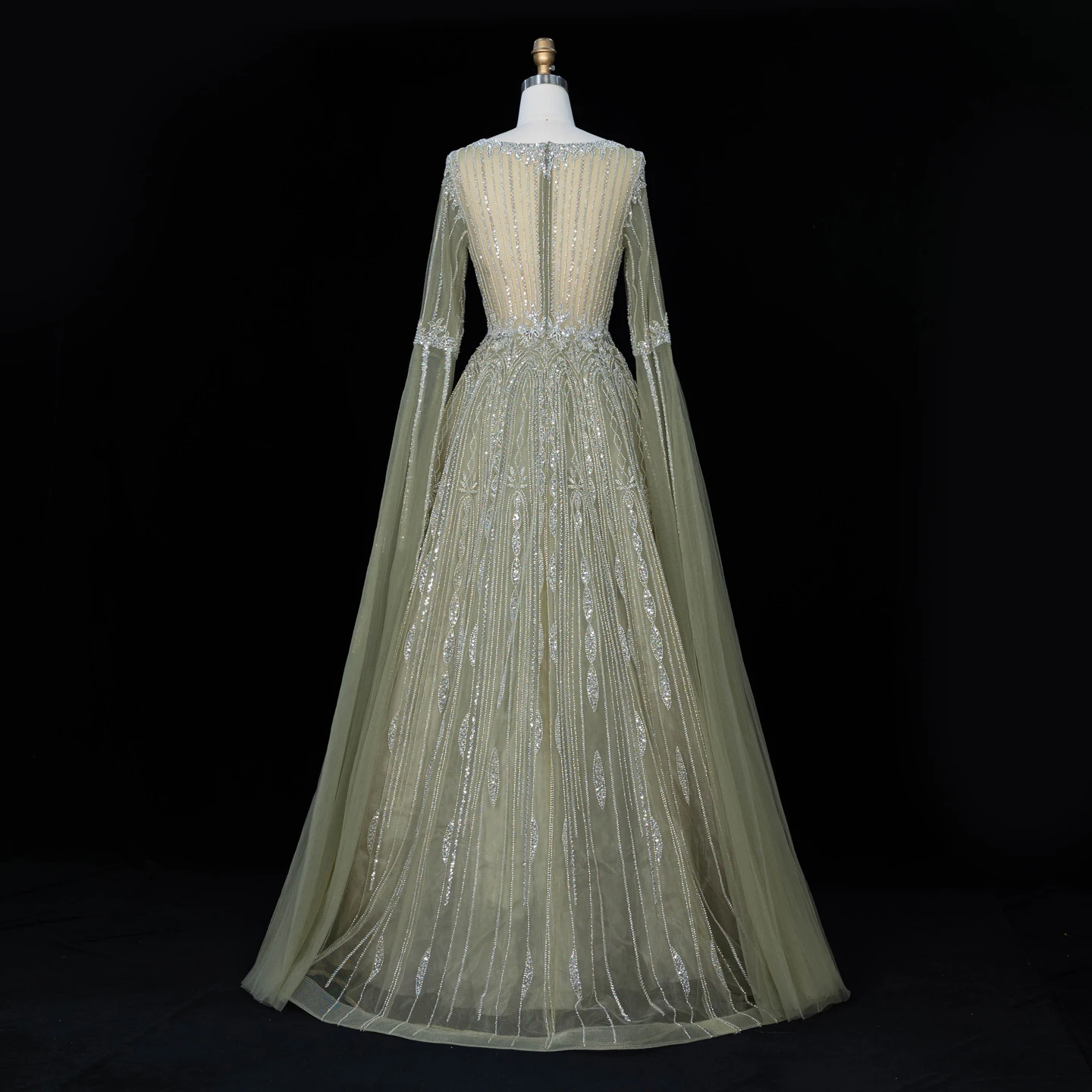 Sharon Said Luxuriöses Braunes Abendkleid mit Quadratischem Ausschnitt, Langen Glockenärmeln, Schwer Perlenbestickt, Dubai Formelle Partykleider SS065 Maßanfertigung – Detail 24