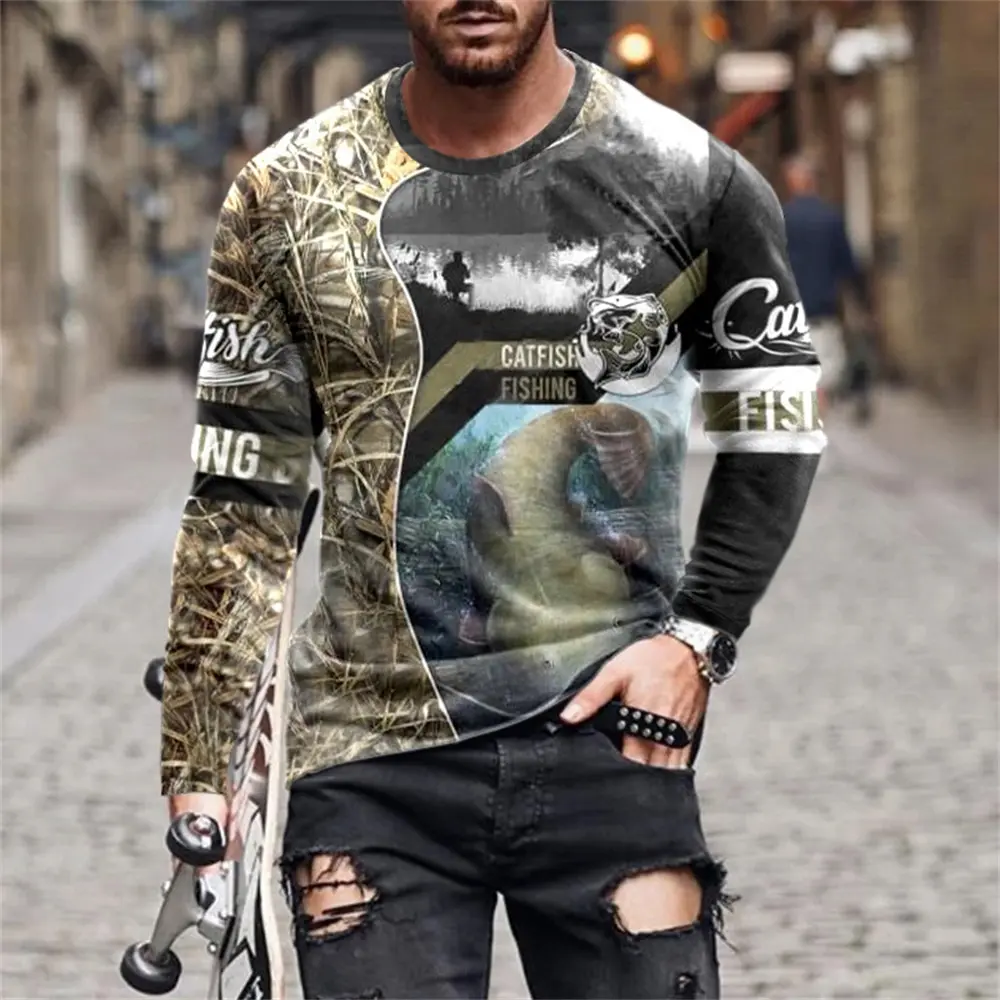 Wild Animal Hunting 3d Print Summer Men\'s Round Neck T-shirt Casual Long Sleeve Oversized T Shirt Fashion Pullover Men Clothing