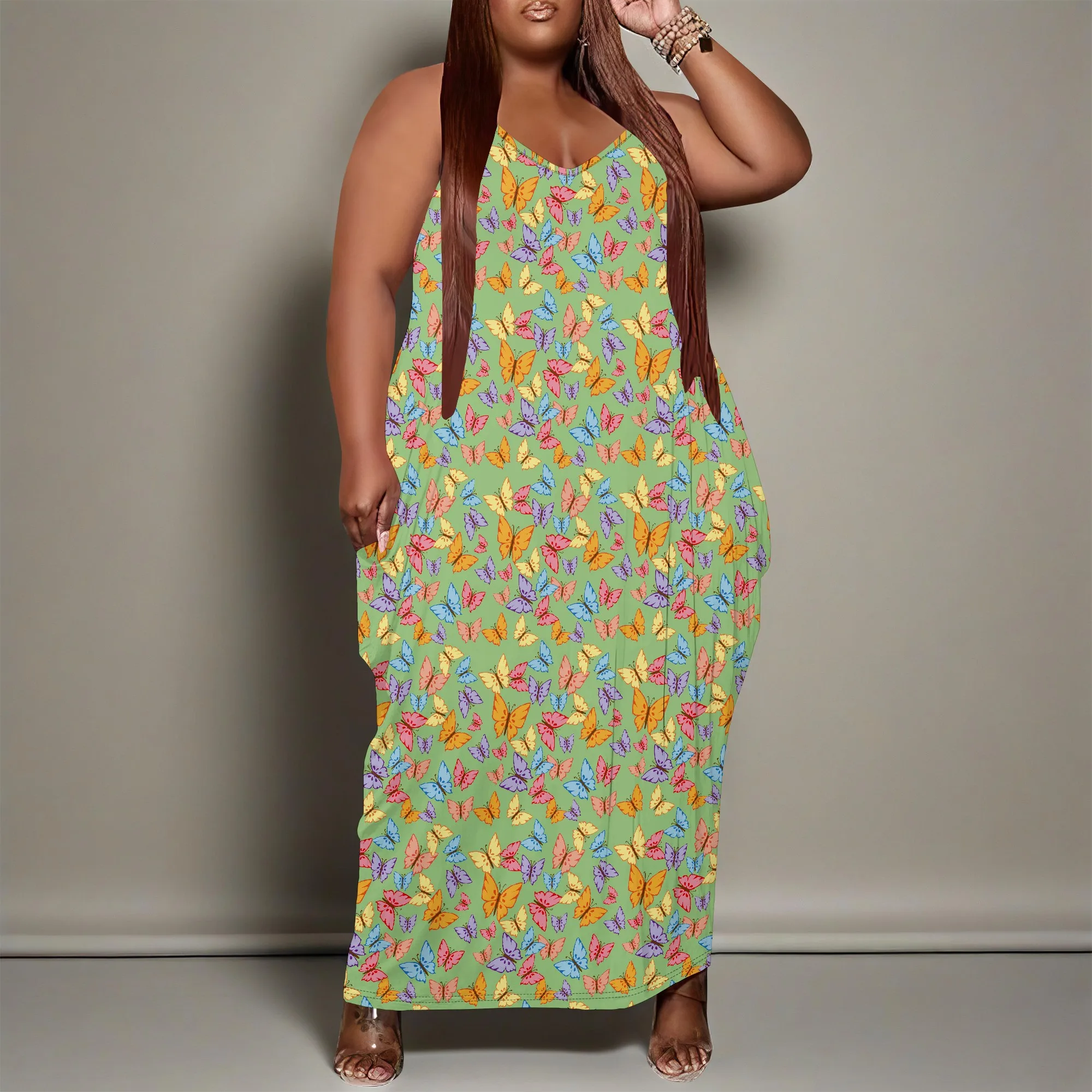 Women Plus Size Dress Loose Halter Long Dress with Pocket Stretchy Boho Butterfly Print XL-6XL​