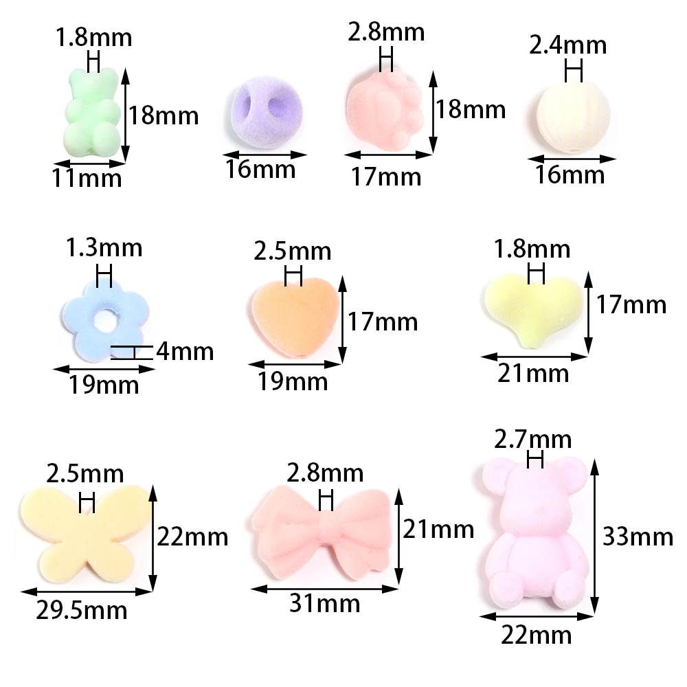 10Pcs Acrylic Flocked Beads Various Shapes Mixed Color Loose Bead for  Autumn Winter Jewelry Accessories DIY Bracelets Earrings