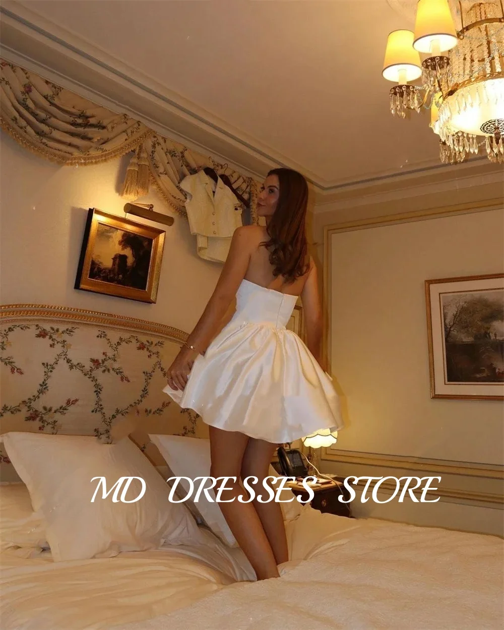 MD-カスタマイズされたサテンのウェディングドレス,台形,ノースリーブ,セクシー,ハート,膝上,ショート,モダン,2025