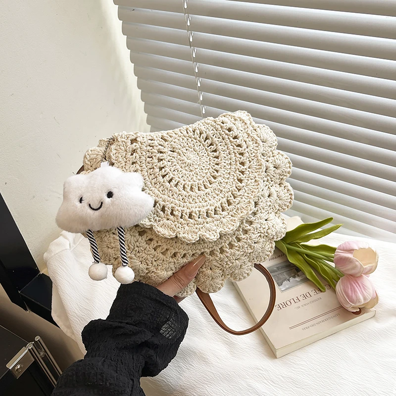 

Yarn Weaving Hollow Out Shoulder Bags Solid Color Ethnic Women's Bags 2025 Hot Sale Vacation Grass Versatile Crossbody Bags