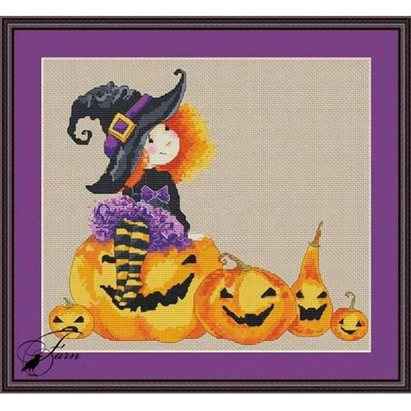 Amishop Gold Collection Counted Cross Stitch Kit Halloween Pumpkin And Girl Witch Wizard Enchantress Sorceress