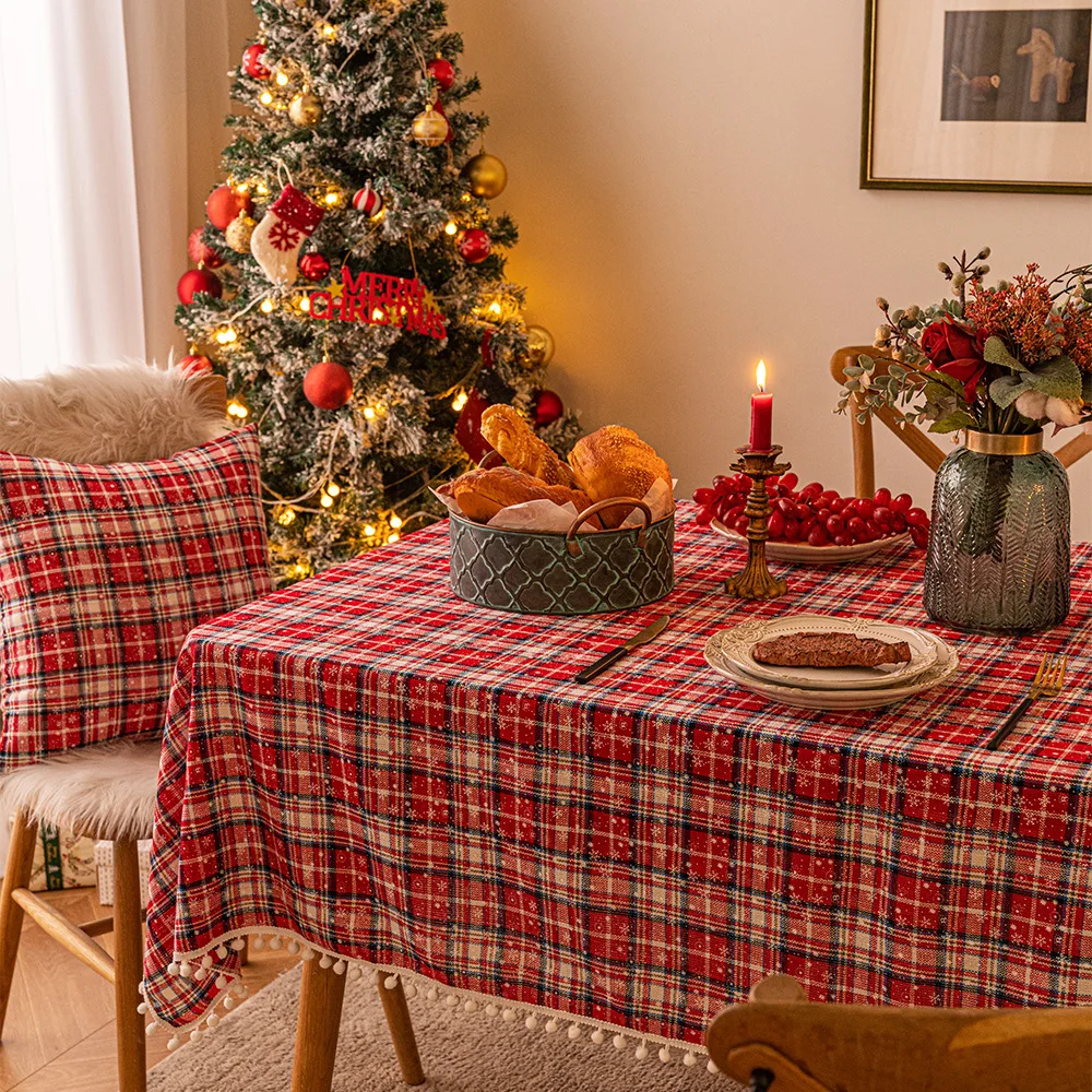 Red Christmas Plaid Snowflake Tablecloth New Year's Eve Table Decorations Cloth Ambience Background Cloth Christmas Gifts