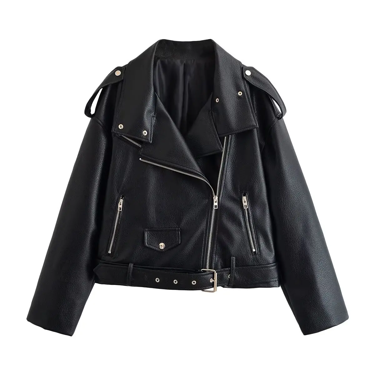 KLKXMYT Street Chic Black Leather Jackets For Women 2026 Autumn Casual Long Sleeve Belt Coat New Fashion Motorcycle Jacket