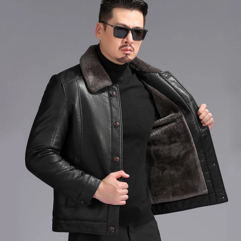 Winter herren Leder Jacke Schaffell Mantel Männer Hinzufügen Samt Verdicken Warme Business Casual Lose Vintage Echtes Leder Jacke Mann