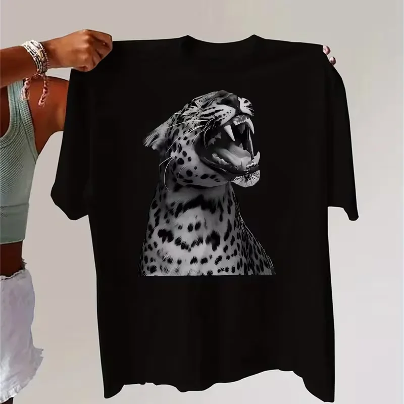 Leopard Print Short Sleeve Tee Realistic Style Casual Summer Top Lightweight Comfortable Versatile for Women Travel Commute