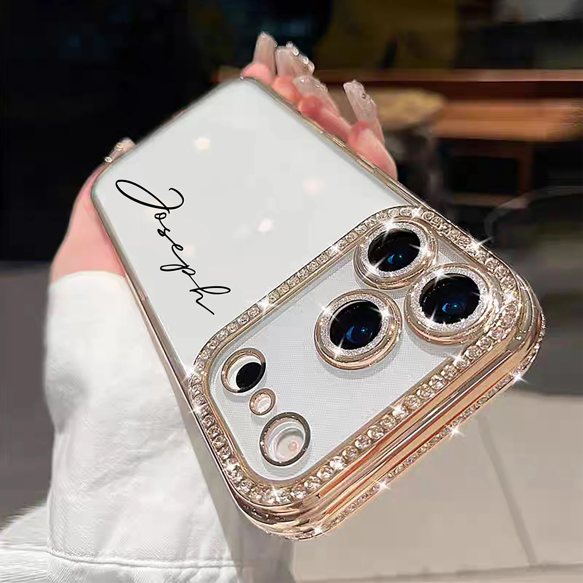 Custom Letters Name Starry Orange Rhinestone Glitter Frame Transparent Phone Case For iPhone 11 12 13 14 15 16 17Pro Max 17 Air