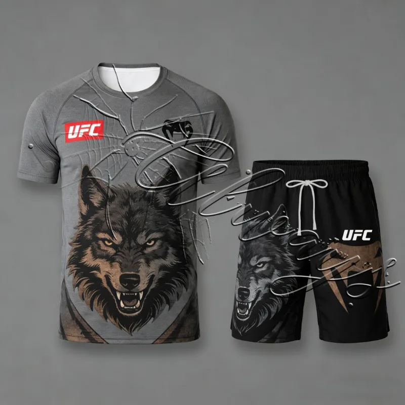 

2026UFC Fighting Night Special Design Wolf Head Boxing Set Men's Sports Speed Drying Fitness Short Sleeve Wrestling Training Set