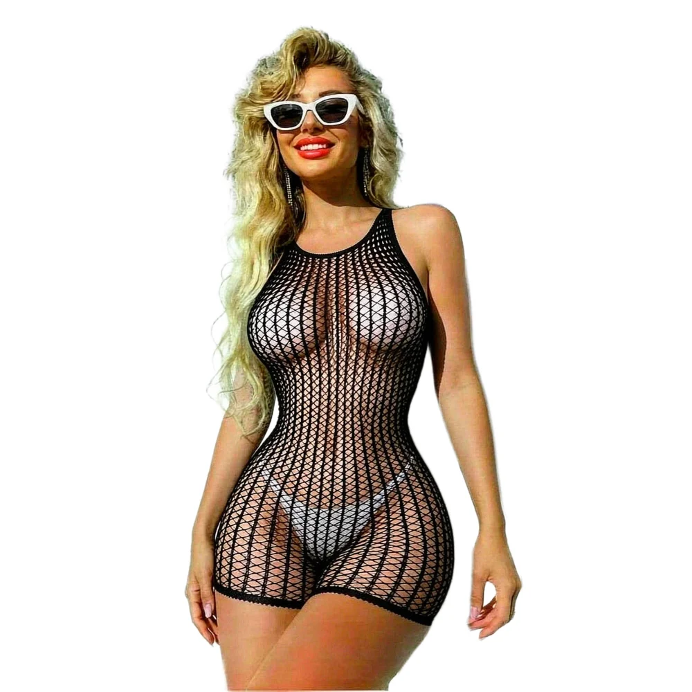 1PC Women Sexy Fishnet Beach Cover Up Hollow Out Bodycon Bodysuit See Through Summer Swimwear
