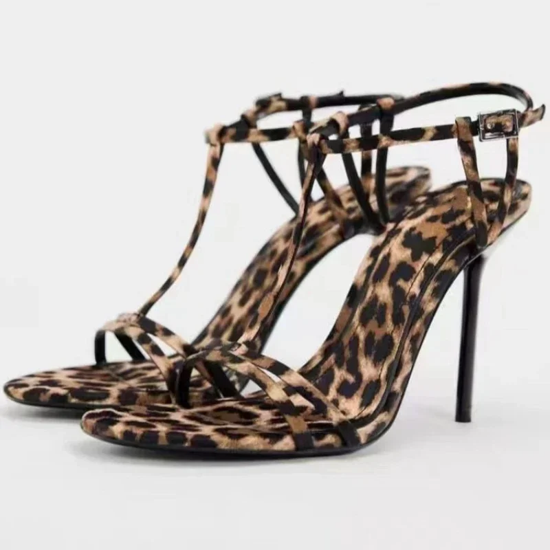 Sexy Leopard Print Open Toe High Heels for Women Elegant Narrow Strap Slingback Heeled Sandals Round Toe Party Dress Woman Shoes