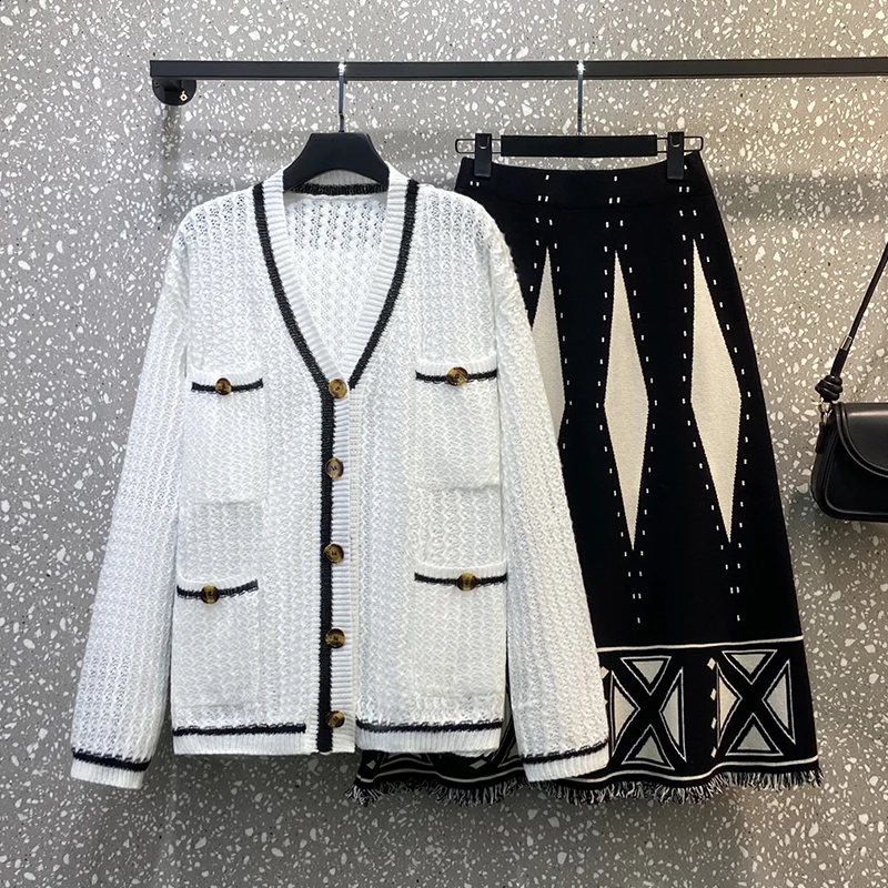 

Комплект из тонкого вязаного кардигана и юбки для полных женщин, осенний, ранний сезон, корейский стиль, V-образный вырез...