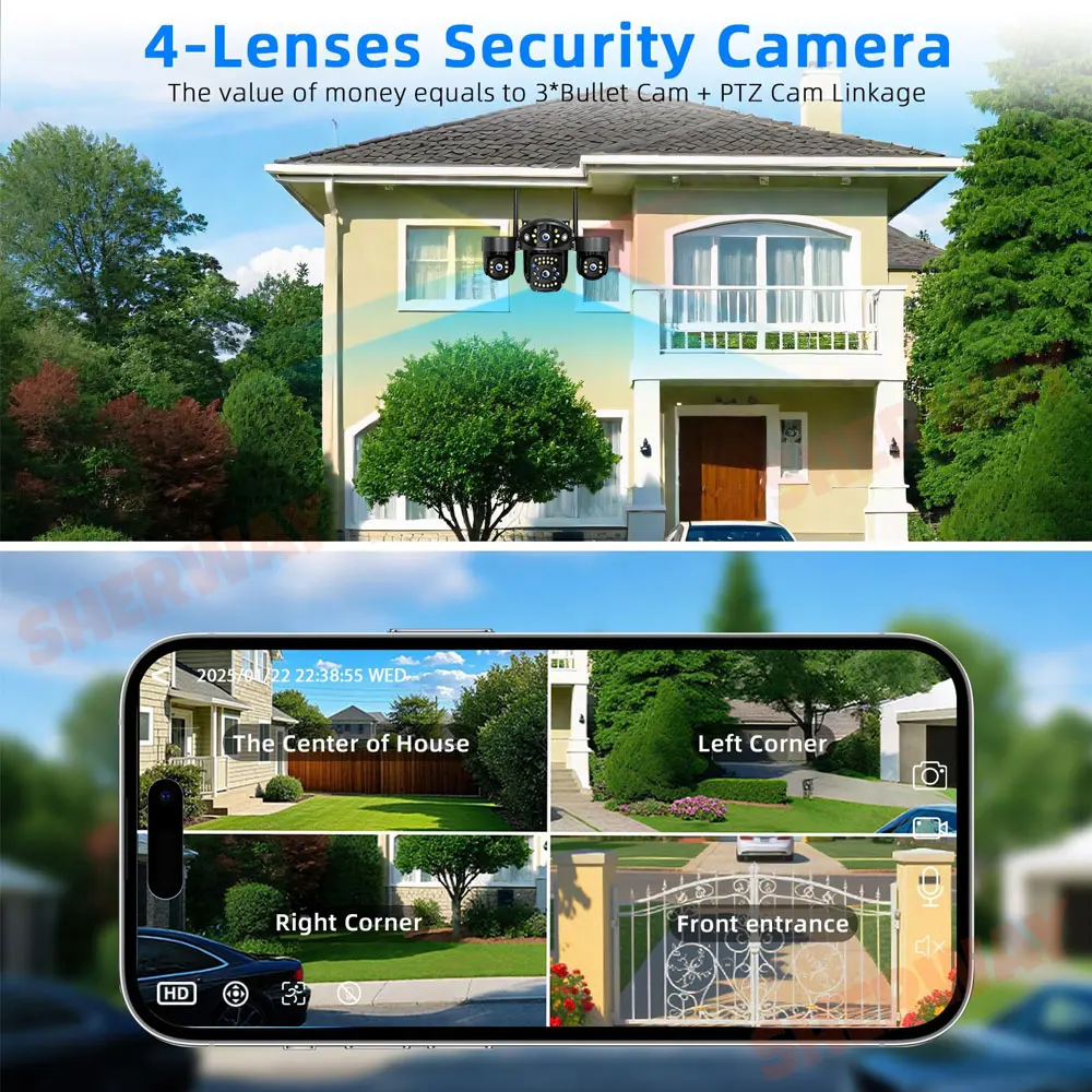 10K 20MP Wifi Security Camera Wireless Outdoor 4 Lens 4 Screen 360° PTZ Camera Auto Motion Tracking CCTV 12X Zoom Surveillance