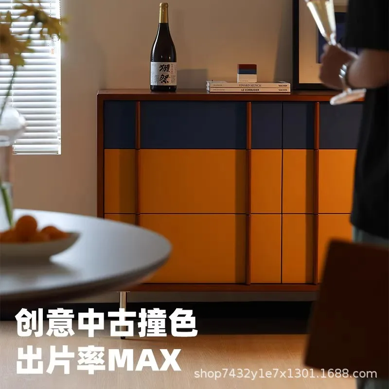 Medieval contrasting color solid wood six-chest cabinet, living room against the wall, simple drawer cabinet, entrance cabinet,