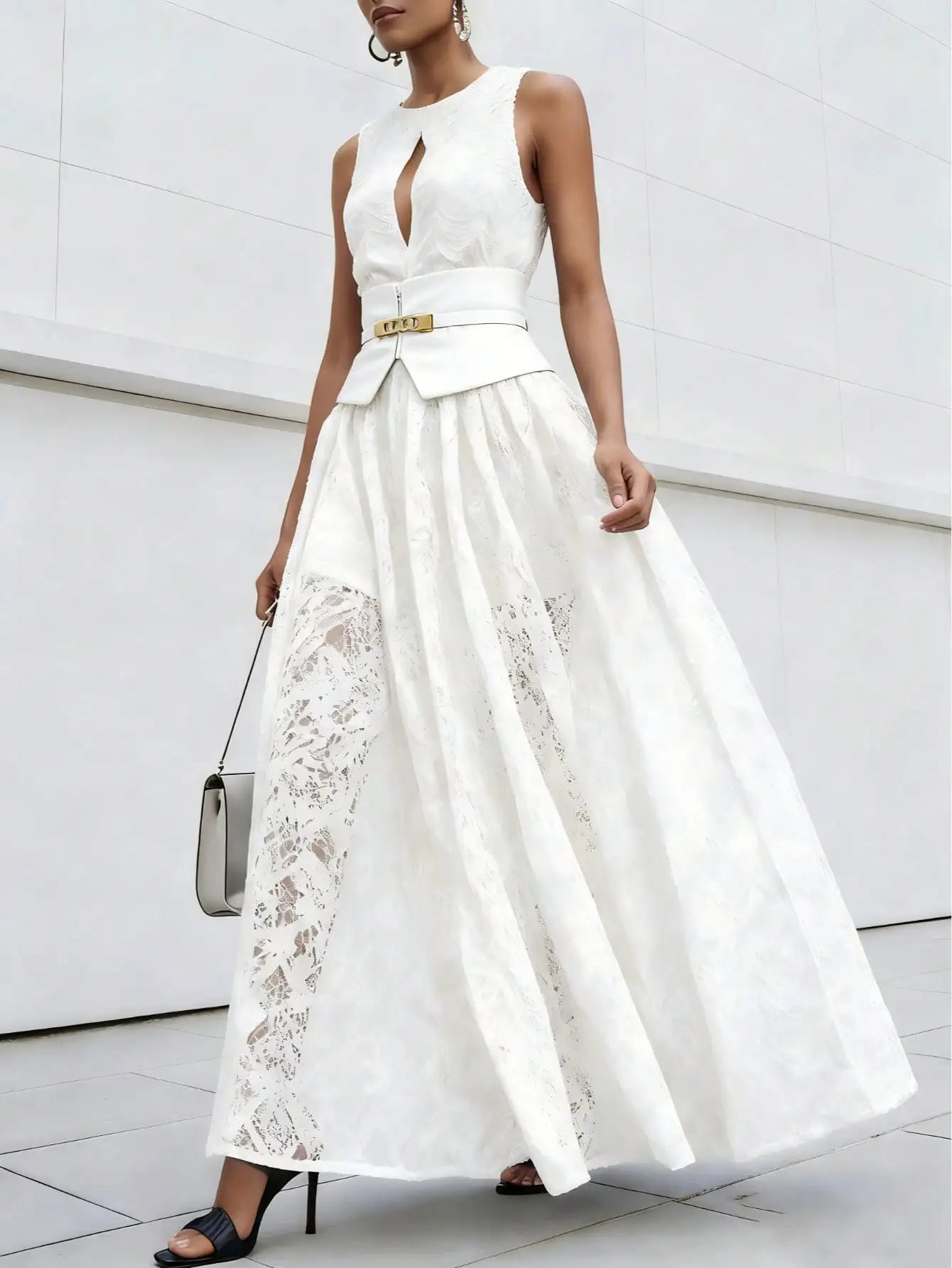 

Белое кружевное платье макси без рукавов с глубоким V-образным вырезом и съемным широким поясом для вечерних мероприятий и торжественных вечеринок