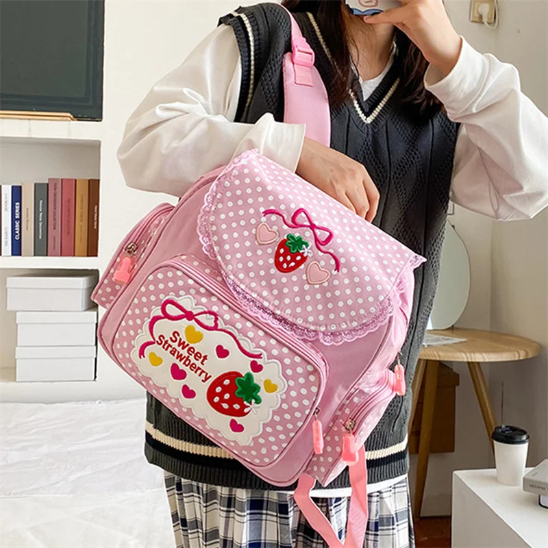 Japanese School Bags Backpack Kids Cute Soft Girl Sweet Lovely Embroidered Fruit Strawberry Lace Backpack Girl Student Schoolbag