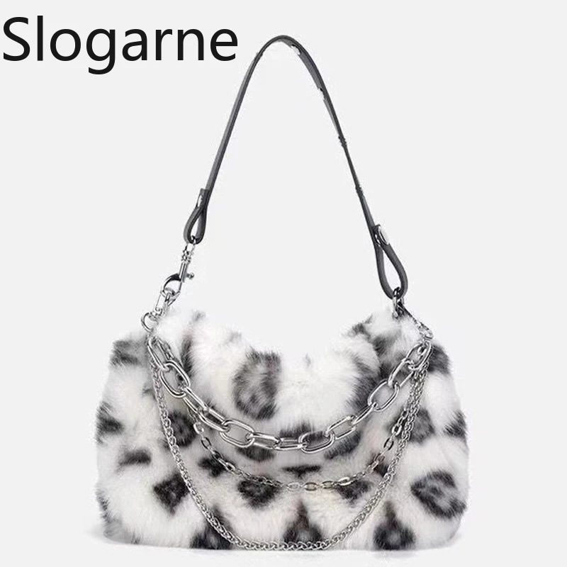 Зимние сумки с цепочкой, женские новые сумки на плечо из искусственного меха с леопардовым принтом, женские дневные клатчи с леопардовым принтом, вечерние сумки с пушистой верхней ручкой