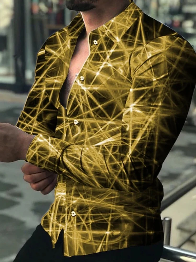 Men's black gold dazzling laser line printed long sleeved shirt with shiny reflective collar, nightclub party trendy men's top
