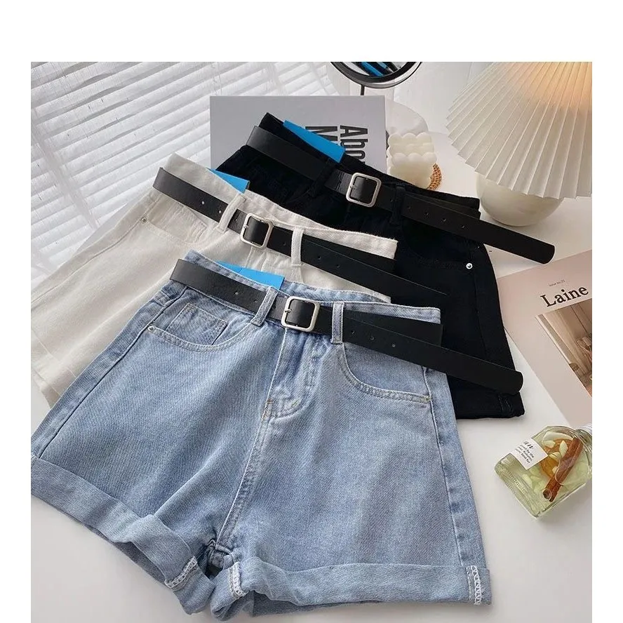 

Summer High Waist Wide Leg Denim orts for Women with Belt Kore Sle Ladies Jeans Casual Comfortable PU Fabric