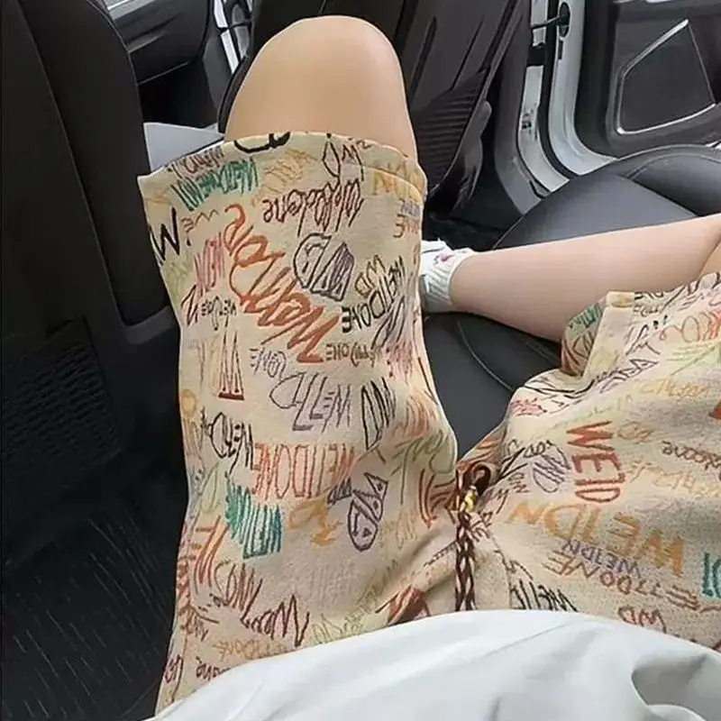 

Шорты с граффити и допамином, летние тонкие брюки из ледяного шелка в стиле хип-хоп с пятью точками, свободные прямые повседневные брюки