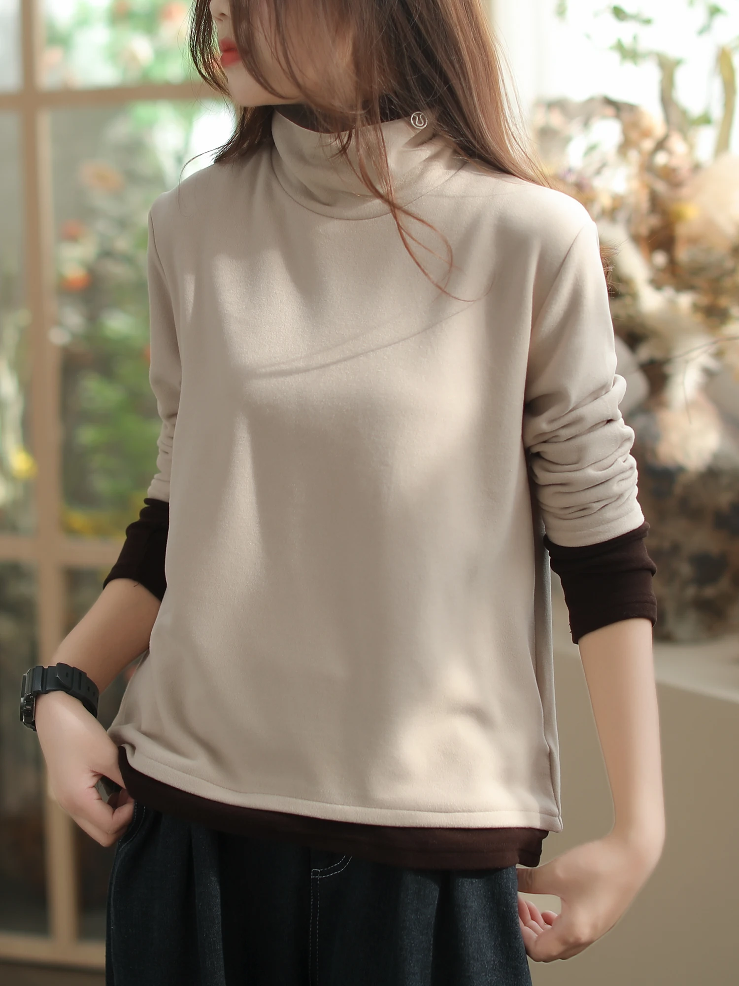 

2024 Autumn Winter High Collar Long Sve Pure Cotton Casual Base irt Women's Artistic Commute Long Sve T-irt