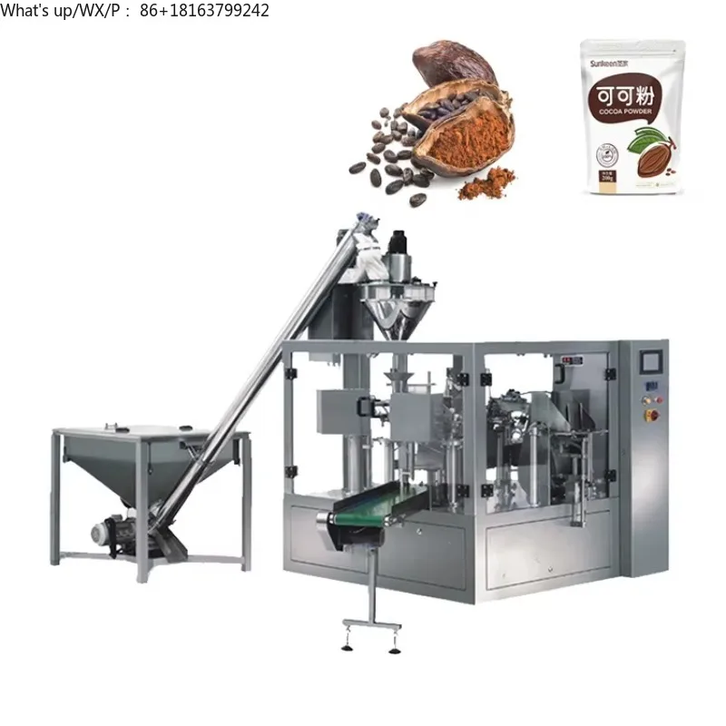 Máquina de llenado de polvo de harina de coco, multifuncional, automática, con cremallera prefabricada, Doypack, 250g, 1Kg, Cacao, almendra