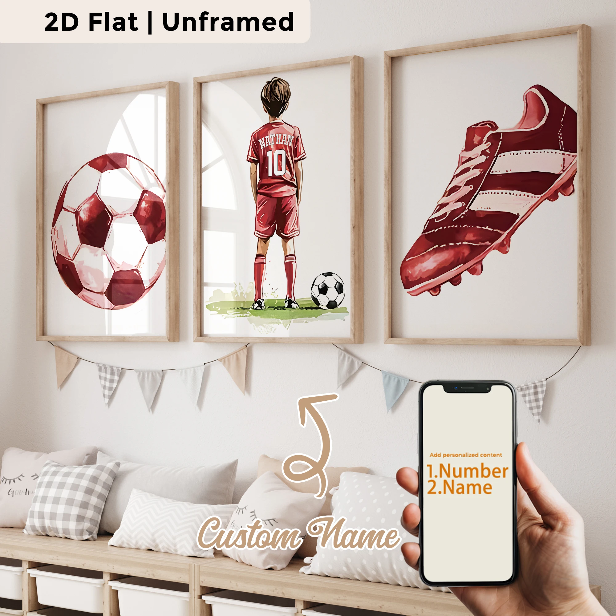 3pcs Personalized Custom Name Red Soccer Boy Wall Art Print Picture Canvas Poster Painting For Living Room Home Decor