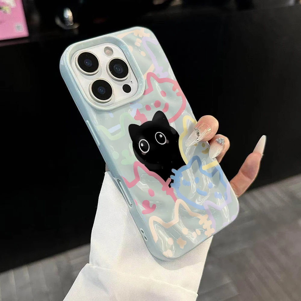 Koreanisches Katzen-Design, Niedliche Weiche Silikon-Handyhülle für iPhone 17 16 15 14 13 12 11 Pro Max 14 Plus 17Air, Falten-Wellen-Design – Detail 2