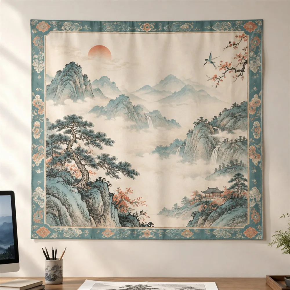 VIKAMA Chinese Blue Green Landscape Border Frame Tapestry Wall Hanging, Oriental Wall Decor Tapestries for Kitchen Dining Room
