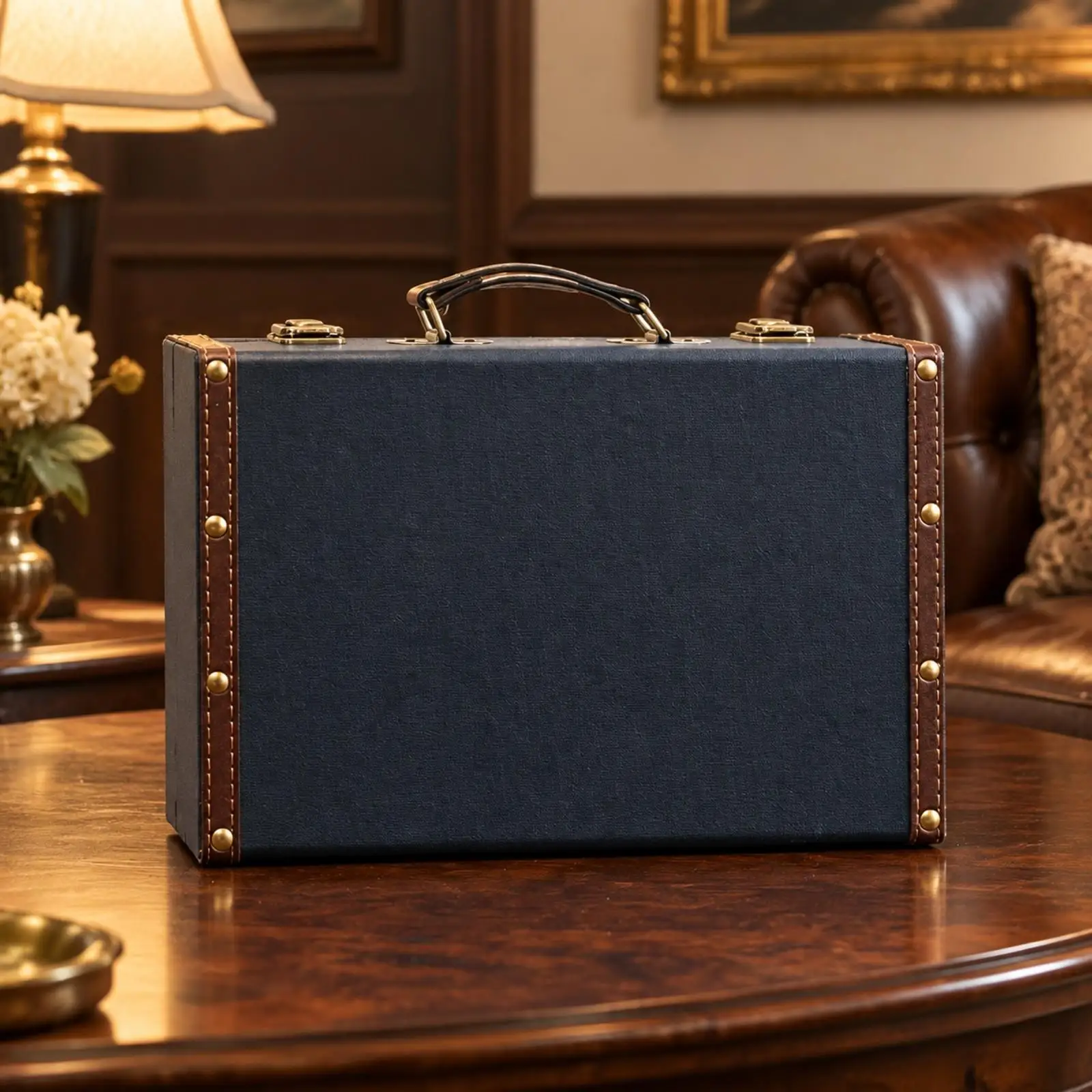 Antique Blue Wooden Suitcase Decorative Rigid Case Retro Travel Storage Box with Leather Trim for Studio Display and Prop Use