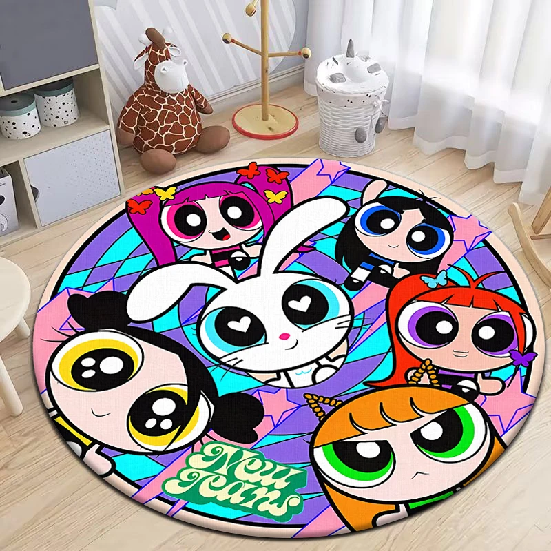 The Powerpuff Girls Round Carpet for Living Room Rugs Camping Picnic Mats Flannel Anti-Slip Rug Yoga Mat Gifts