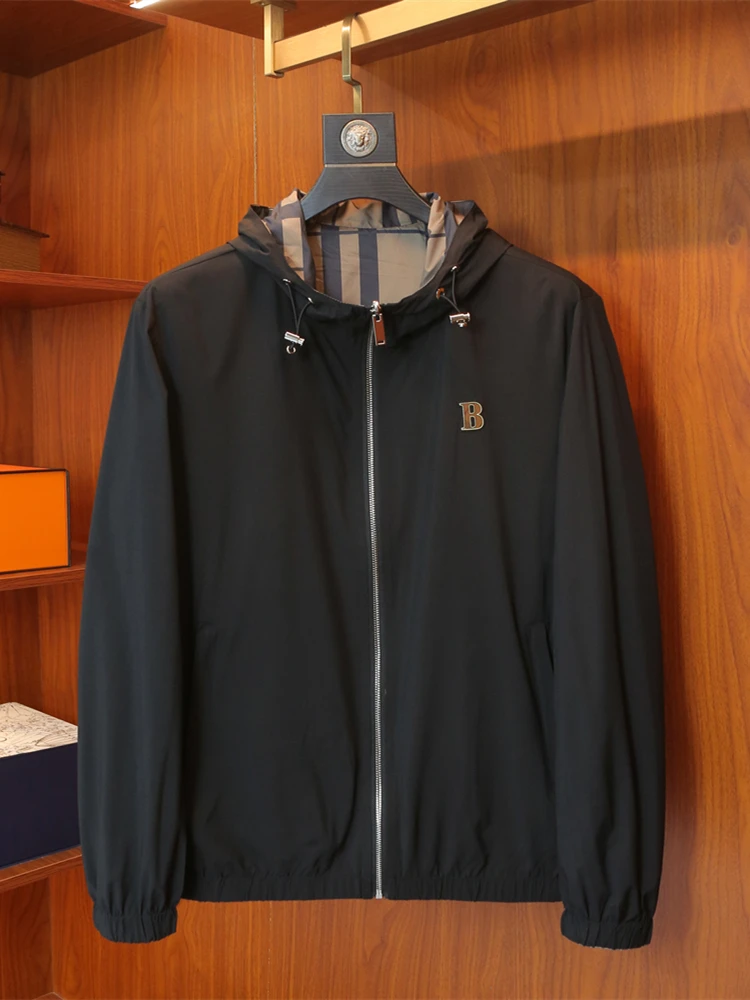 

Мужская приталенная куртка в клетку, двусторонняя, модная, универсальная, легкая, весенне-осенняя, из дышащего полиэстера, на молнии