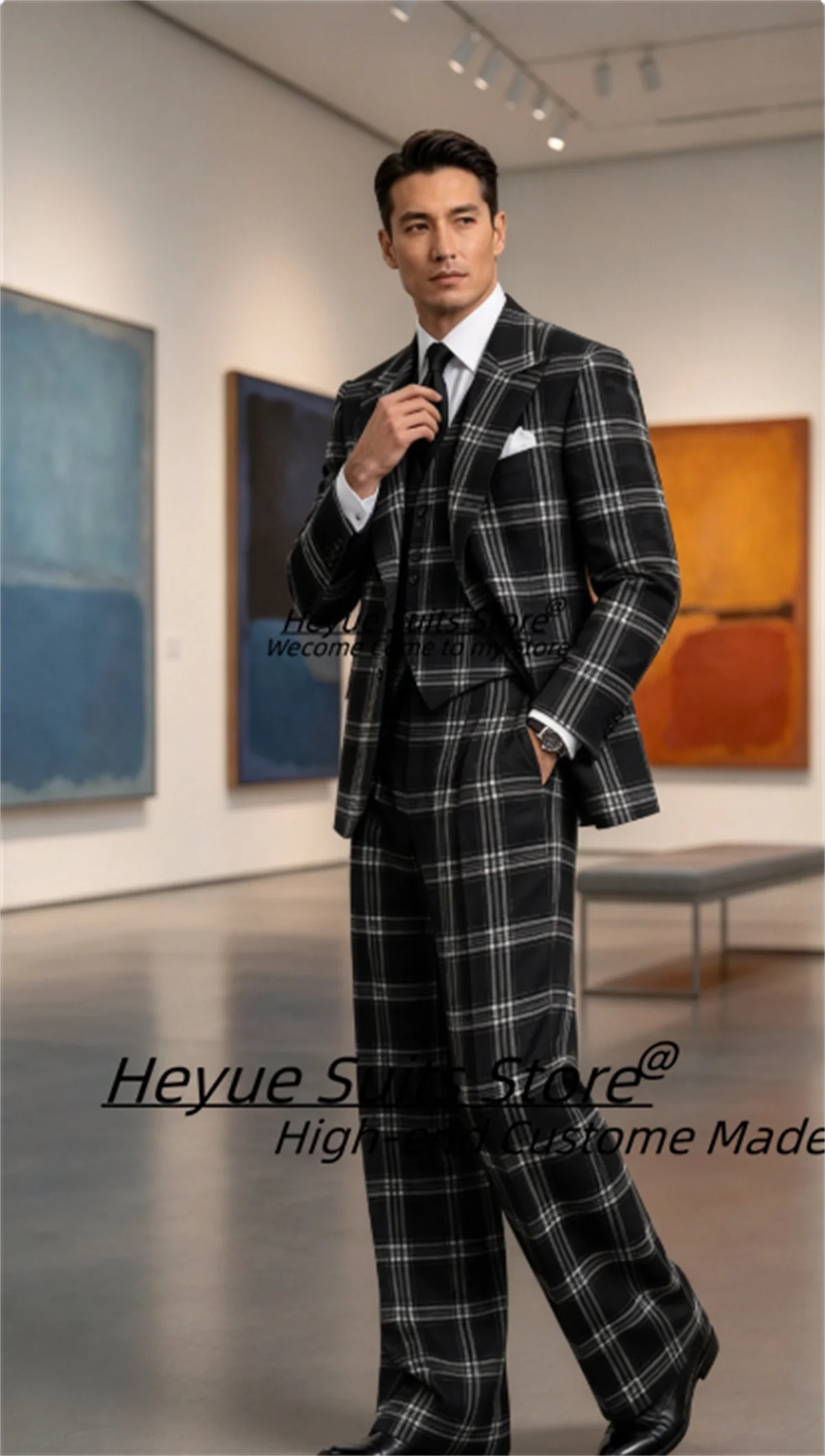 Customized Black White Plaid Men Suits Loose Peak Lapel Groom Wedding Tuxedos 3 Pieces Sets Male Business Blazers Ropa Hombre